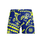 Costume da mare boxer bambino Boneswimmer Samoa Teschio Neon - modello L024SMF, con teschio ed elementi tribali giallo fluo su fondo blu notte