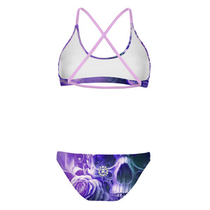 Costume da allenamento nuoto Boneswimmer da donna, modello bikini MAUI 141M TIMELESS con stampa di un intreccio di rose viola con un teschio nascosto tra i petali, retro