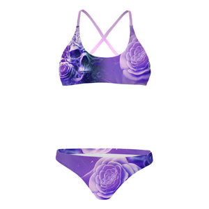 Costume da allenamento nuoto Boneswimmer da donna, modello bikini MAUI 141M TIMELESS con stampa di un intreccio di rose viola con un teschio nascosto tra i petali, fronte