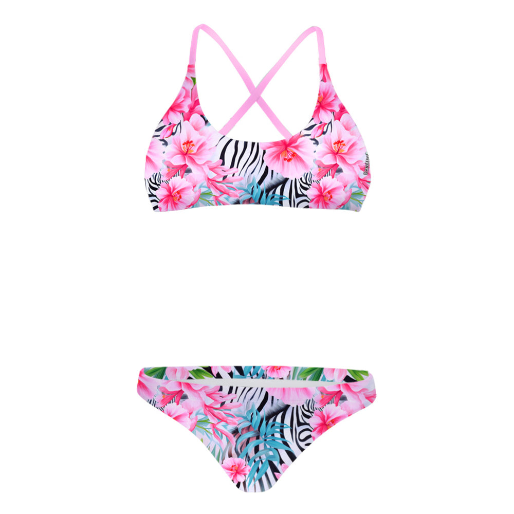 Costume da allenamento nuoto Boneswimmer da donna, modello bikini MAUI 152M SAFARI con stampa giungla tropicale di fiori rosa e strisce zebrate safari-chic, fronte