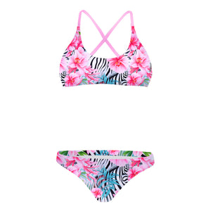 Costume da allenamento nuoto Boneswimmer da donna, modello bikini MAUI 152M SAFARI con stampa giungla tropicale di fiori rosa e strisce zebrate safari-chic, fronte
