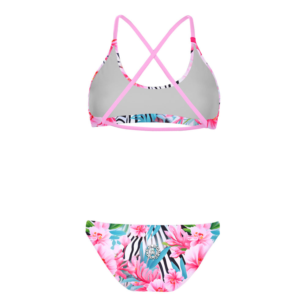 Costume da allenamento nuoto Boneswimmer da donna, modello bikini MAUI 152M SAFARI con stampa giungla tropicale di fiori rosa e strisce zebrate safari-chic, retro