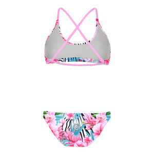 Costume da allenamento nuoto Boneswimmer da donna, modello bikini MAUI 152M SAFARI con stampa giungla tropicale di fiori rosa e strisce zebrate safari-chic, retro