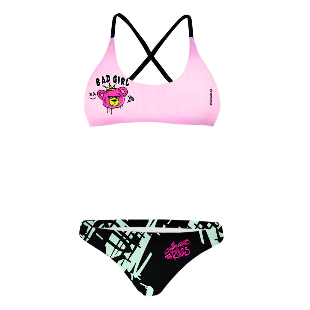 Bikini allenamento donna Boneswimmer modello MAUI 154MF BAD, top rosa "Bad Girl" con orso corona e slip nero "Changes the Rules"; fronte