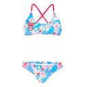 Costume da bagno due pezzi donna Boneswimmer MAUI 155MF HAWAII, top bikini con orso rosa su motivo di foglie e fiori colorati e slip abbinato; vista frontale