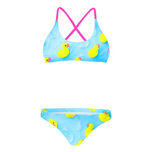 Bikini sportivo donna Boneswimmer modello PINUP - 471PF BAD, top e slip con design paperelle gialle giocattolo su sfondo blu acqua; vista frontale