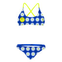 Bikini sportivo donna Boneswimmer modello MAUI 157MF USE YOUR SMILE, top e slip blu con design a margherite bianche e un'emoticon sorridente gialla sul top; prospettiva frontale