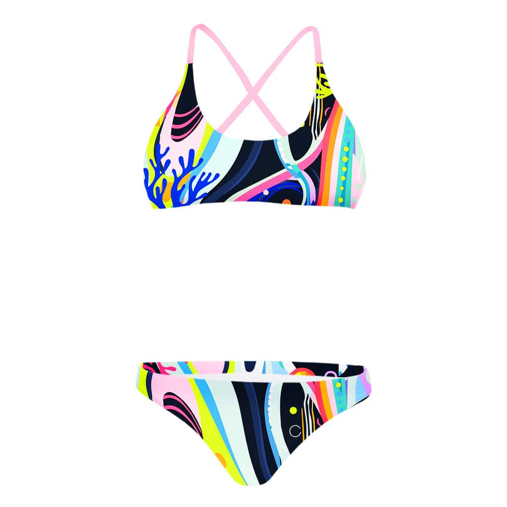 Costume da bagno due pezzi donna Boneswimmer MAUI 158MF CORALLO, top bikini e slip con stampa artistica astratta a onde e forme colorate; vista frontale