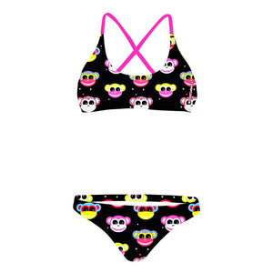 Costume da bagno due pezzi Boneswimmer MAUI 160MF SCIMMIETTE, top bikini e slip neri con motivo di scimmiette stilizzate con colori vivaci su pattern a pois; lato frontale