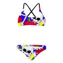 Bikini allenamento donna Boneswimmer modello PINUP - 471PF BAD, top e slip con grafica teschi, cuori rossi e margherite su sfondo blu e giallo; fronte