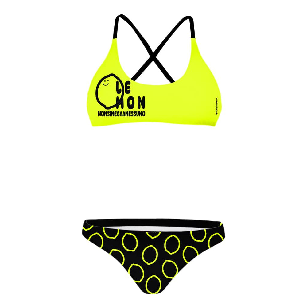 Bikini Boneswimmer da allenamento nuoto in piscina, stampa limone e scritta "Non si nega a nessuno", top giallo fluo e slip nero con cerchi, 100% poliestere PBT, foderato, resistente al cloro.