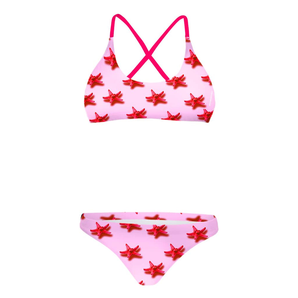Bikini sportivo donna Boneswimmer modello MAUI 166MF STELLE MARINE, top e slip rosa con design a stelle marine rosse stilizzate; prospettiva frontale