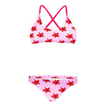 Bikini sportivo donna Boneswimmer modello MAUI 166MF STELLE MARINE, top e slip rosa con design a stelle marine rosse stilizzate; prospettiva frontale