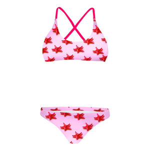 Bikini sportivo donna Boneswimmer modello MAUI 166MF STELLE MARINE, top e slip rosa con design a stelle marine rosse stilizzate; prospettiva frontale