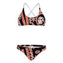 Bikini allenamento donna Boneswimmer modello MAUI 167MF TESCHIO NEON, top e slip neri con grafica tribale arancione e teschio stilizzato; fronte