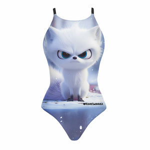 Costume da allenamento nuoto in piscina Boneswimmer da donna, modello intero IBIZA - 153I ARTIC con stampa di volpacchiotto bianco delle nevi in un contesto artico e di neve, fronte