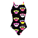 Costume da bagno intero donna Boneswimmer IBIZA 188IF SCIMMIETTE, motivo di scimmiette stilizzate con colori accesi su pattern a pois colorati e sfondo nero; lato frontale