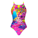 Costume da bagno intero donna Boneswimmer IBIZA 191I LEOPARDO, motivo di giaguaro con corona di fiori vivaci e sguardo intenso su sfondo rosa e blu; lato frontale