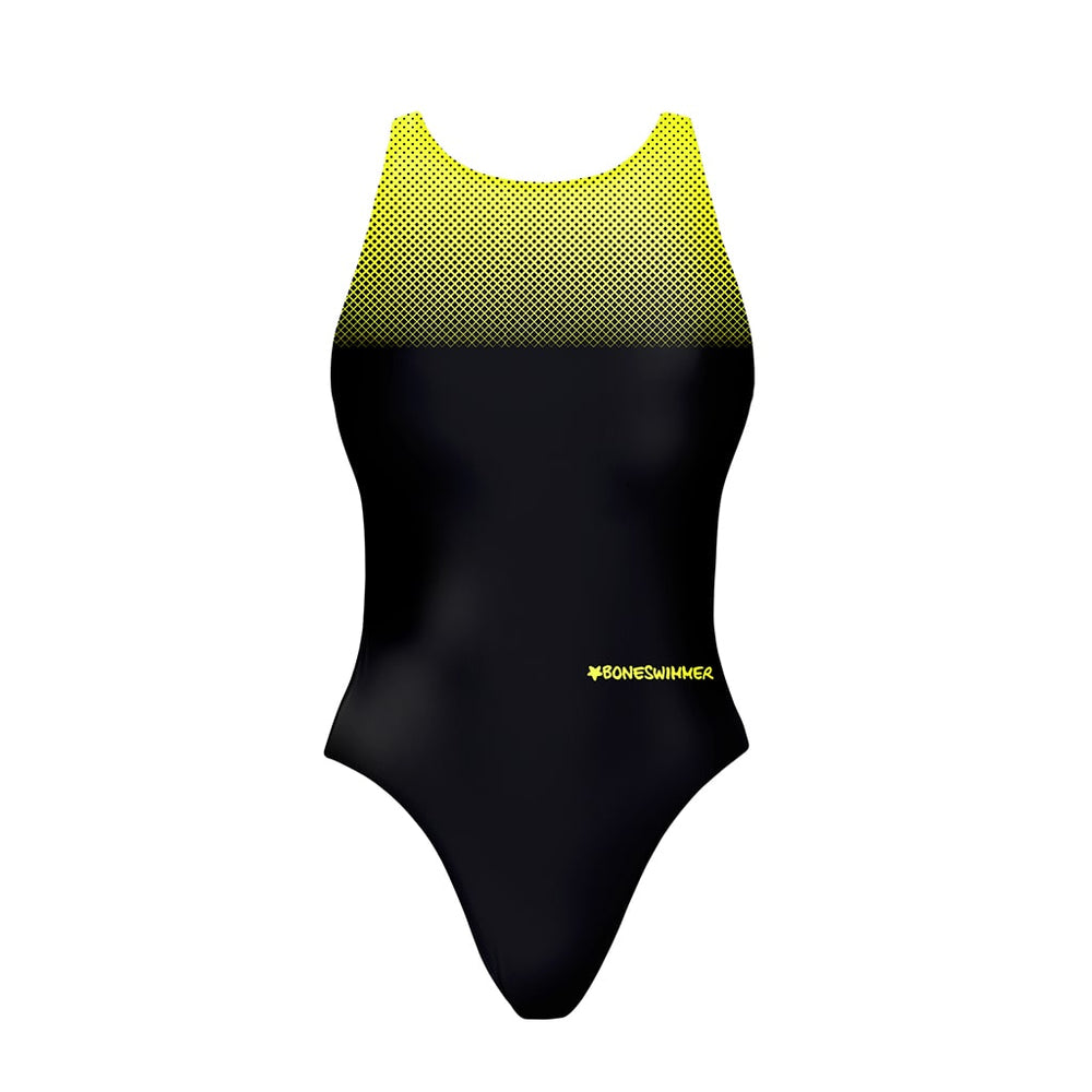 Costume da allenamento nuoto in piscina Boneswimmer da donna, modello intero PINUP - 441PF NERO GIALLO con stampa nero e sfumatura gialla sulla parte alta, fronte