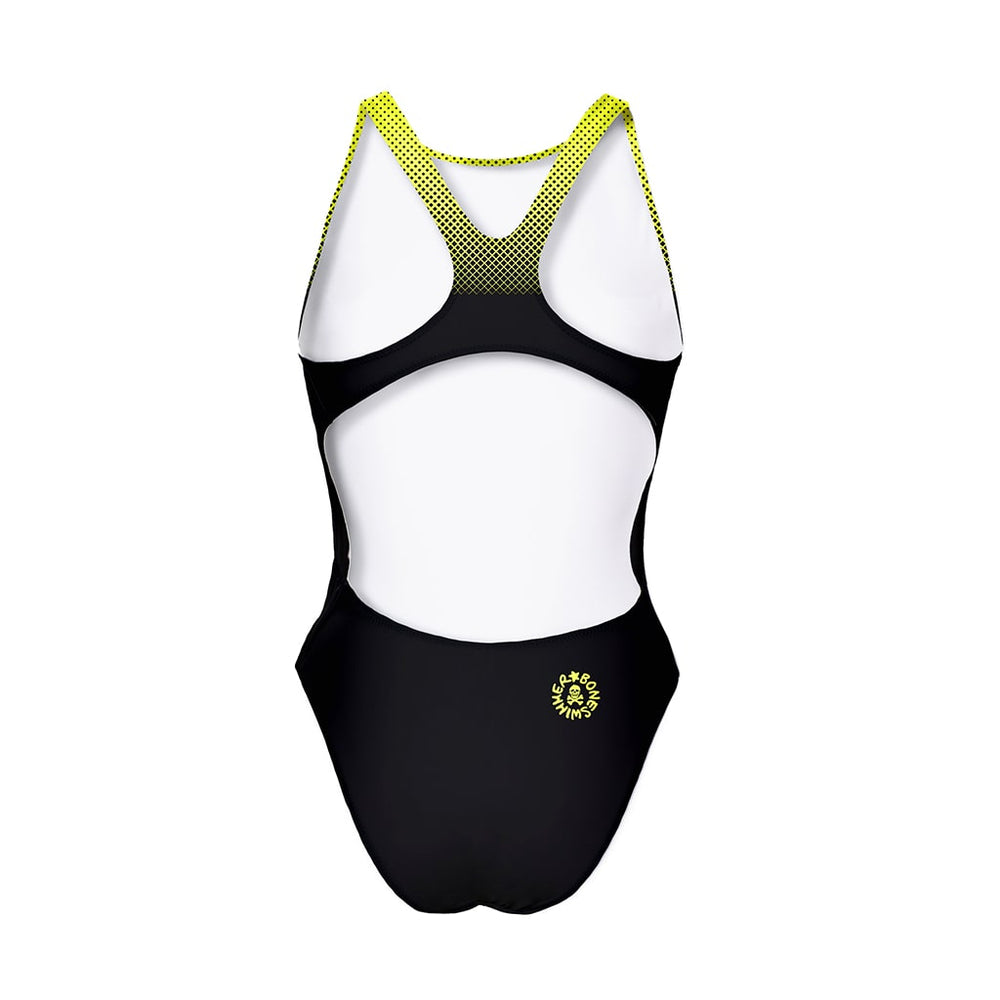 Costume da allenamento nuoto in piscina Boneswimmer da donna, modello intero PINUP - 441PF NERO GIALLO con stampa nero e sfumatura gialla sulla parte alta, retro