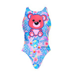 Boneswimmer costume allenamento piscina donna e bambina modello PINUP 473PF HAWAII, design orsetto kawaii rosa con sfondo di piante tropicali; fronte