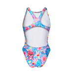 Boneswimmer costume allenamento piscina donna e bambina modello PINUP 473PF HAWAII, design orsetto kawaii rosa con sfondo di piante tropicali; retro