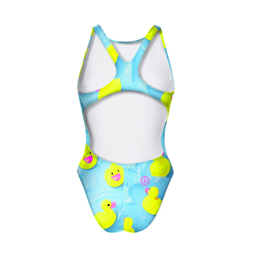 Costume da allenamento donna e bambina Boneswimmer modello PINUP - 474PF PAPERE, grafica paperelle gialle su sfondo acqua azzurra; retro