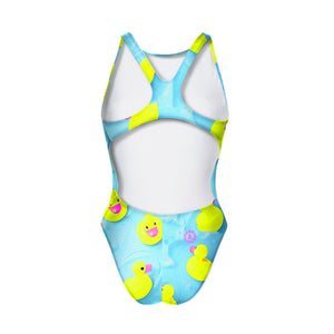Costume da allenamento donna e bambina Boneswimmer modello PINUP - 474PF PAPERE, grafica paperelle gialle su sfondo acqua azzurra; retro