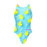 Costume da allenamento donna e bambina Boneswimmer modello PINUP - 474PF PAPERE, grafica paperelle gialle su sfondo acqua azzurra; fronte