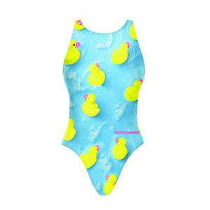 Costume da allenamento donna e bambina Boneswimmer modello PINUP - 474PF PAPERE, grafica paperelle gialle su sfondo acqua azzurra; fronte