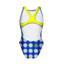 Costume da allenamento donna e bambina  Boneswimmer modello PINUP - 471PF BAD, scritta "USE YOUR SMILE" con faccina gialla su sfondo blu a fiori; retro
