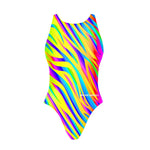 Costume da allenamento donna e bambina Boneswimmer modello PINUP 476PF ROAR, grafica a strisce zebrate arcobaleno colori fluo; fronte