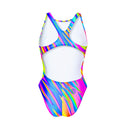 Costume da allenamento donna e bambina Boneswimmer modello PINUP 476PF ROAR, grafica a strisce zebrate arcobaleno colori fluo; retro