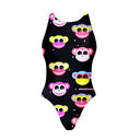 Costume da bagno intero donna e bambina Boneswimmer PINUP 477PF SCIMMIETTE, motivo di scimmiette stilizzate con colori vivaci su pattern a pois; fronte