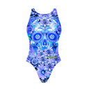 Costume nuoto intero donna e bambina Boneswimmer PINUP 478PF TESCHIO FLOREALE, stampa artistica con motivo di calavera e fiori nei toni del lilla e del blu; vista frontale