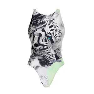 Costume da allenamento donna e bambina Boneswimmer modello PINUP 479PF TIGRE, grafica tigre bianca realistica con occhi azzurri; fronte