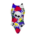 Costume da bagno intero donna e bambina Boneswimmer PINUP 482P SKULL MARGHERITE, motivo di teschi, cuori rossi e margherite bianche con dettagli verdi su sfondo blu; fronte