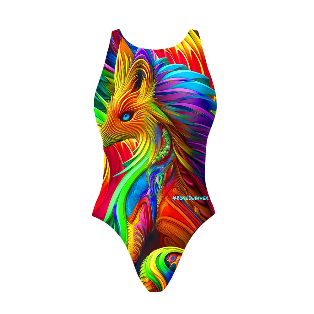 Costume da bagno intero donna e bambina Boneswimmer PINUP 484P RAINBOW, motivo di volpe stilizzata con texture astratte e colori fluo; lato frontale