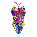 Fronte del costume intero da donna per il tempo libero in piscina, modello Boneswimmer ALTE L020AF PICA con grafica colorata e geometrica