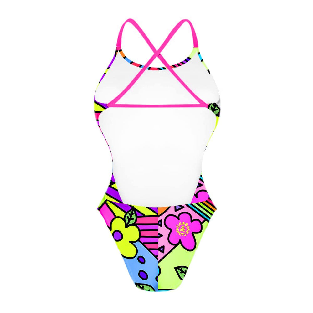 Il retro del costume intero da donna per il tempo libero in piscina, modello ALTE L020AF PICA con grafica colorata e geometrica