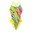 Fronte del costume Boneswimmer intero da donna per il tempo libero in piscina, modello ALTE L021AF ROAR con pattern striato multicolor fluo