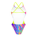 Retro del costume Boneswimmer intero da donna per il tempo libero in piscina, modello ALTE L021AF ROAR con pattern striato multicolor fluo