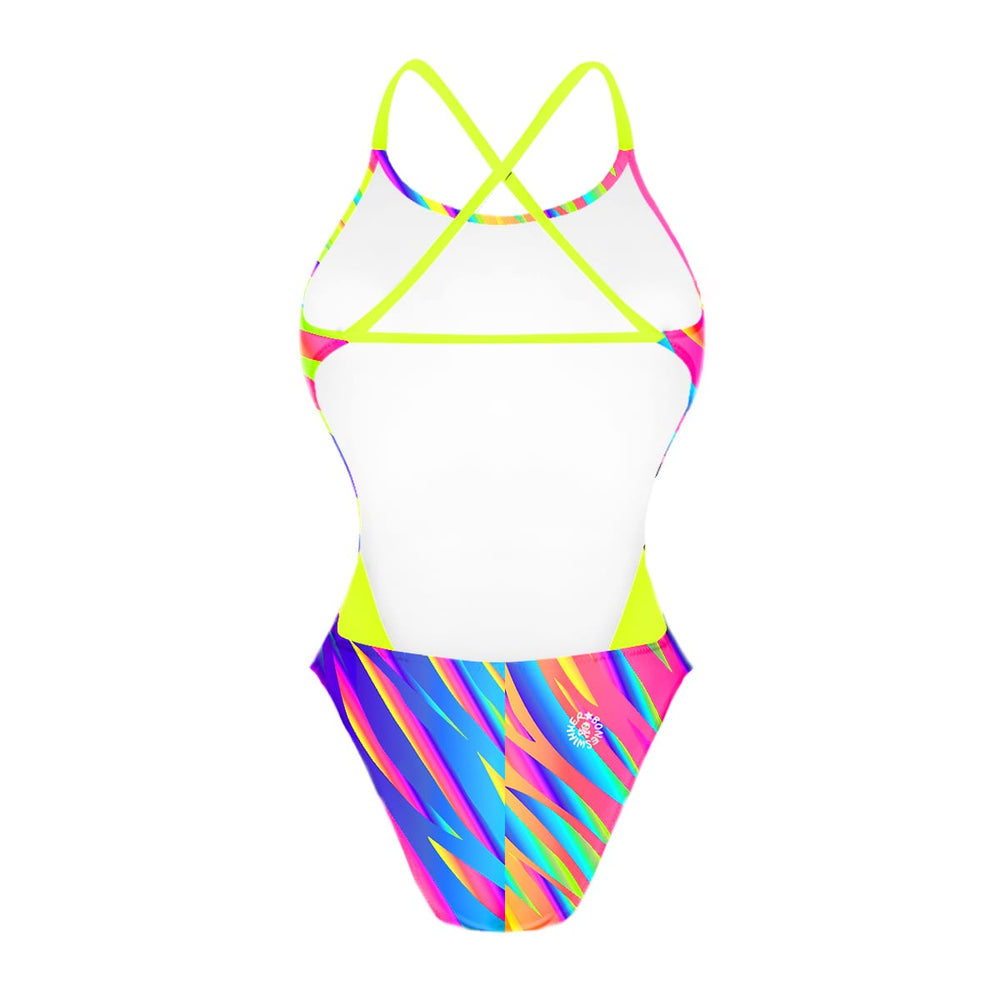Retro del costume Boneswimmer intero da donna per il tempo libero in piscina, modello ALTE L021AF ROAR con pattern striato multicolor fluo