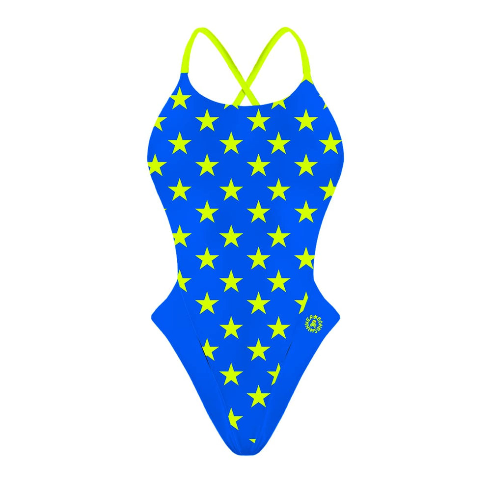Fronte del costume Boneswimmer intero da donna per il tempo libero in piscina, modello ALTE L022AF TURCHESE STELLE GIALLE con pattern di stelle gialle fluo