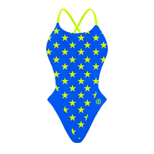 Fronte del costume Boneswimmer intero da donna per il tempo libero in piscina, modello ALTE L022AF TURCHESE STELLE GIALLE con pattern di stelle gialle fluo