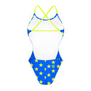 Retro del costume Boneswimmer intero da donna per il tempo libero in piscina, modello ALTE L022AF TURCHESE STELLE GIALLE con pattern di stelle gialle fluo
