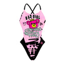 Fronte del costume Boneswimmer intero da donna per il tempo libero in piscina, modello ALTE L023AF BAD GIRL con orso king e scritte in stile street su fondo rosa e nero