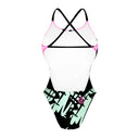 Retro del costume Boneswimmer intero da donna per il tempo libero in piscina, modello ALTE L023AF BAD GIRL con orso king e scritte in stile street su fondo rosa e nero