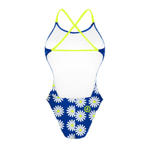 Retro del costume Boneswimmer intero da donna per il tempo libero in piscina, modello ALTE L024AF USE YOUR SMILE con margheritone su fondo blu e scritta USE YOUR SMILE