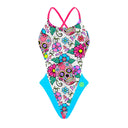 Fronte del costume Boneswimmer intero da donna per il tempo libero in piscina, modello ALTE L025AF SKULL MEXICAN con teschi ed elementi messicani su fondo bianco